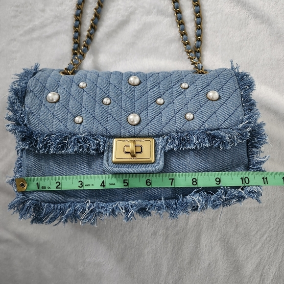 KARL LAGERFELD Agyness Quilted Pearl Chain Fringe Edge Denim Shoulder Bag - Picture 7 of 13